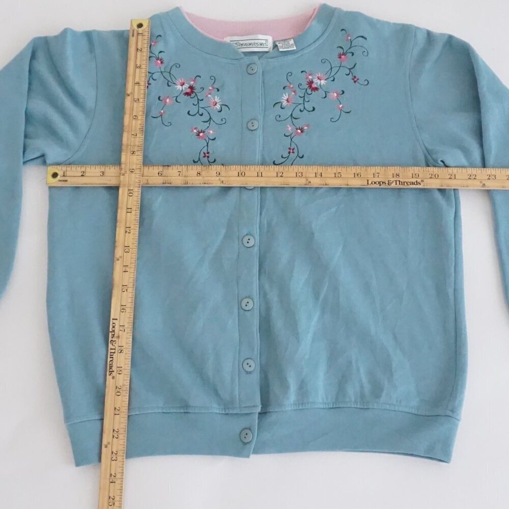 Vintage Shenanigans Blue Floral Embroidered Cotton Blend Cardigan Cottagecore M - Picture 3 of 9